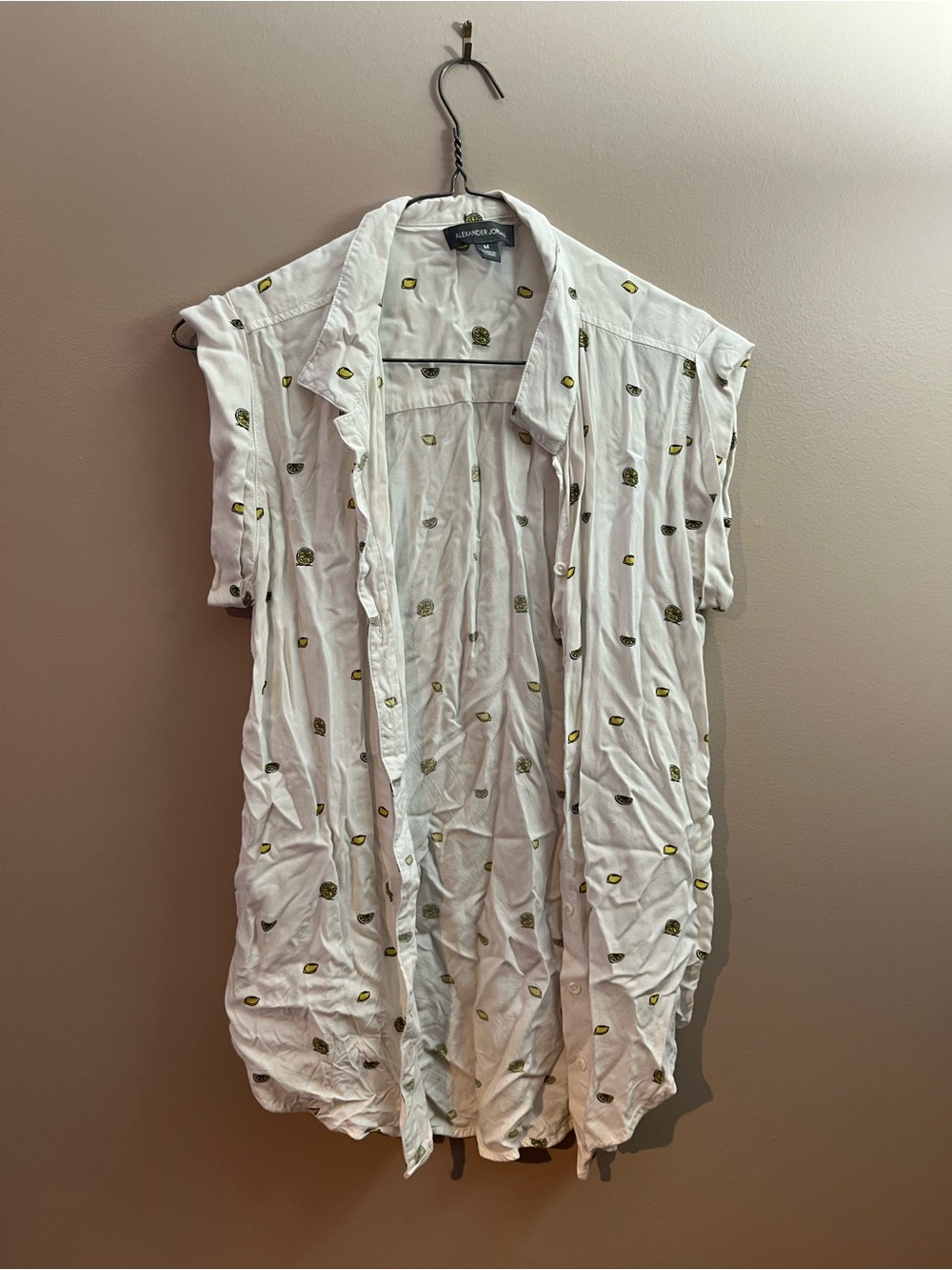 White Sleeveless Button-Up Shirt with lemon Motif